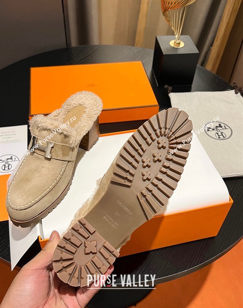 Hermes Flore Heel Mules 7.5cm in Suede and Shearling Beige 2023 (MD-231215048)