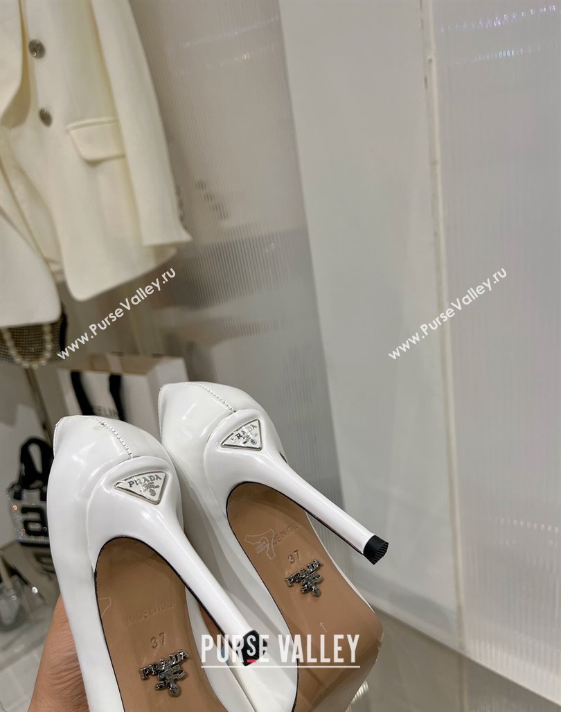 Prada Brushed Leather High Heel Pumps 8.5cm with Back Logo White 2023 PR121401 (MD-231214015)