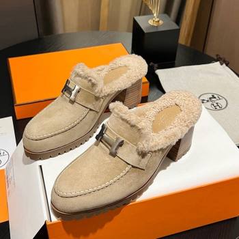Hermes Flore Heel Mules 7.5cm in Suede and Shearling Beige 2023 (MD-231215048)