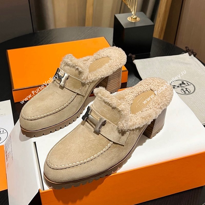 Hermes Flore Heel Mules 7.5cm in Suede and Shearling Beige 2023 (MD-231215048)