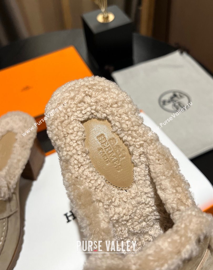 Hermes Flore Heel Mules 7.5cm in Suede and Shearling Beige 2023 (MD-231215048)