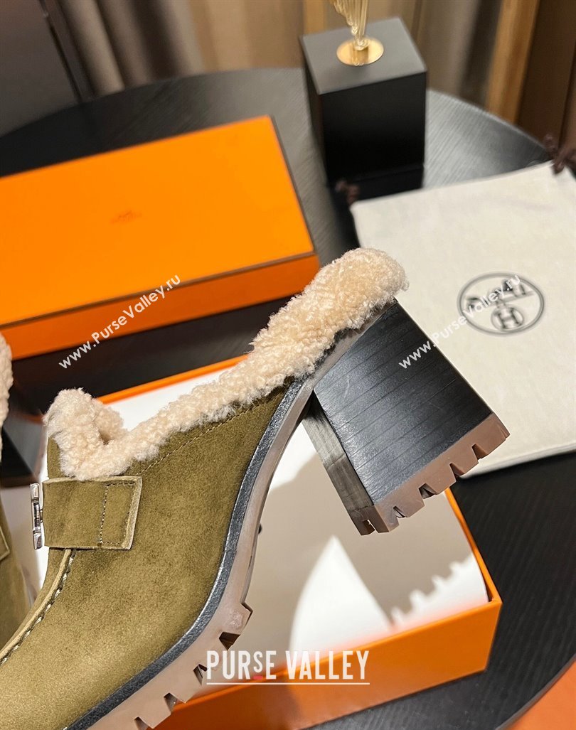 Hermes Flore Heel Mules 7.5cm in Suede and Shearling Green 2023 (MD-231215049)