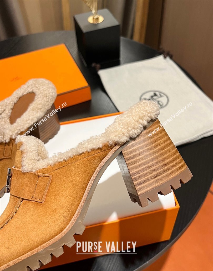 Hermes Flore Heel Mules 7.5cm in Suede and Shearling Yellow 2023 (MD-231215050)