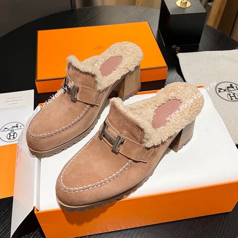 Hermes Flore Heel Mules 7.5cm in Suede and Shearling Light Pink 2023 (MD-231215051)