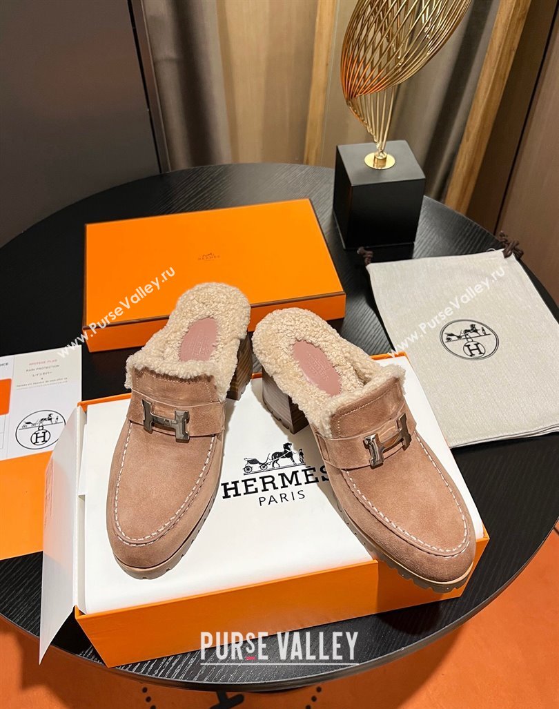 Hermes Flore Heel Mules 7.5cm in Suede and Shearling Light Pink 2023 (MD-231215051)
