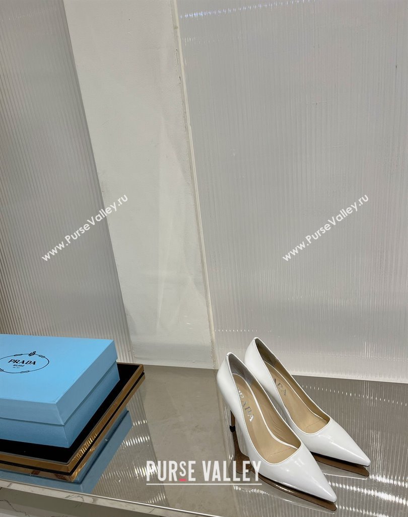 Prada Brushed Leather High Heel Pumps 8.5cm with Back Logo White 2023 PR121401 (MD-231214015)