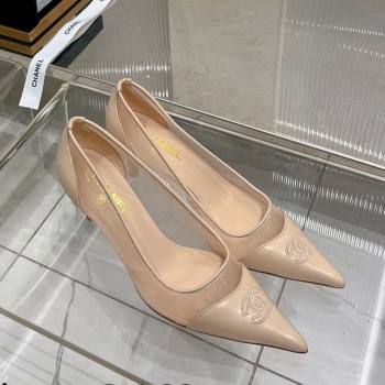 Chanel Medium Heel Pumps 6.5cm in Lambskin and Mesh Apricot 2023 CH121301 (ZN-231213004)
