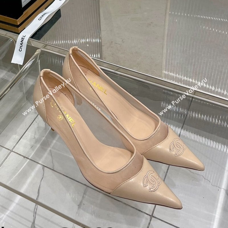 Chanel Medium Heel Pumps 6.5cm in Lambskin and Mesh Apricot 2023 CH121301 (ZN-231213004)