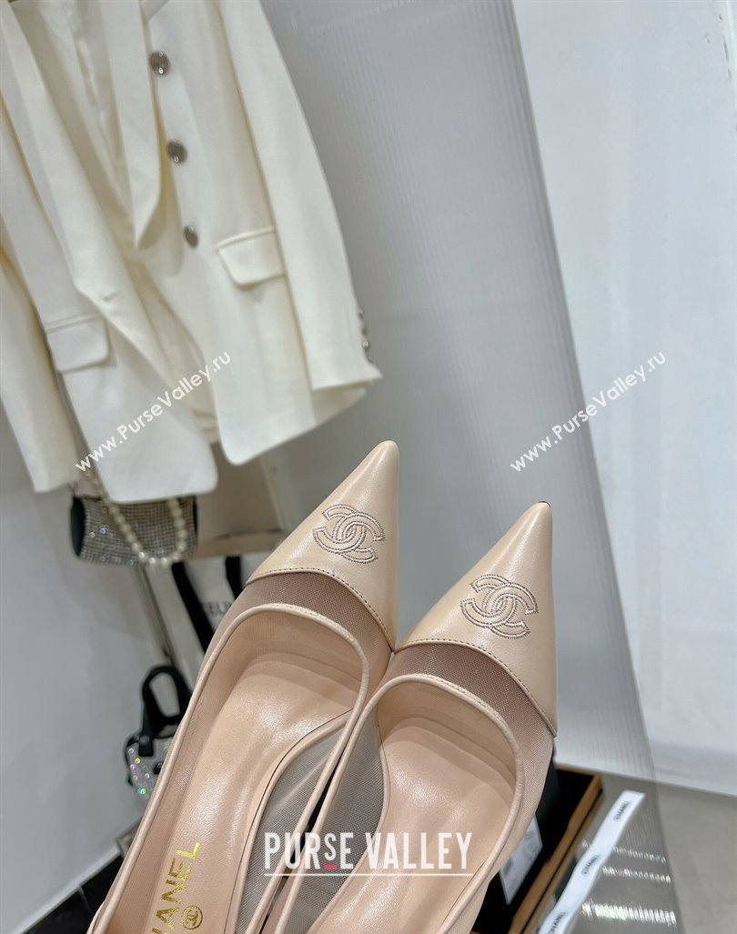 Chanel Medium Heel Pumps 6.5cm in Lambskin and Mesh Apricot 2023 CH121301 (ZN-231213004)