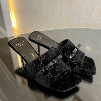 Gucci GG Velvet Heel Slide Sandals 7cm Black 2023 764182 (MD-231215129)