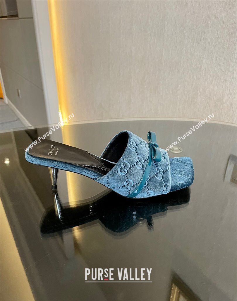 Gucci GG Velvet Heel Slide Sandals 7cm Blue 2023 764182 (MD-231215131)