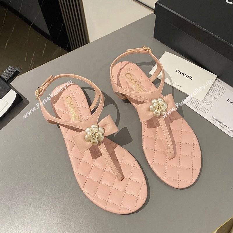 Chanel Lambskin Flat Thong Sandals with Bloom Bow Light Pink 2023 CH121310 (MD-231213049)