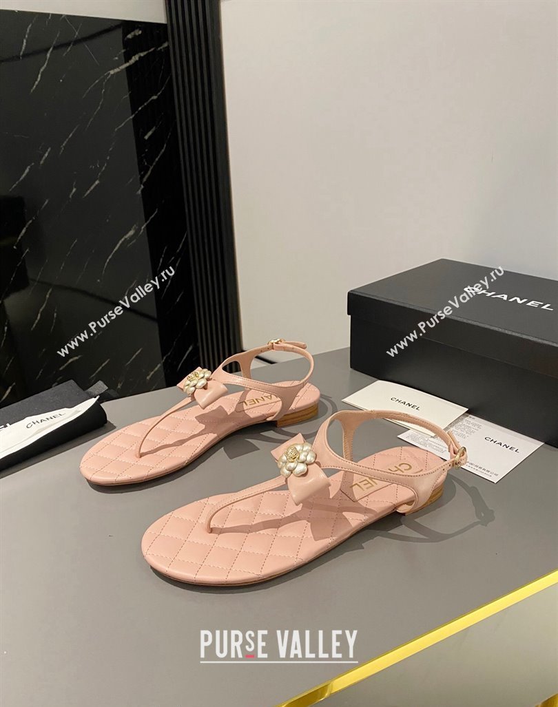 Chanel Lambskin Flat Thong Sandals with Bloom Bow Light Pink 2023 CH121310 (MD-231213049)