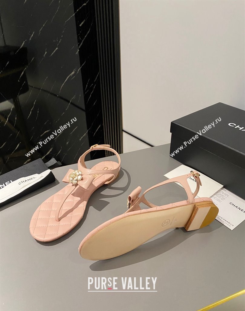 Chanel Lambskin Flat Thong Sandals with Bloom Bow Light Pink 2023 CH121310 (MD-231213049)