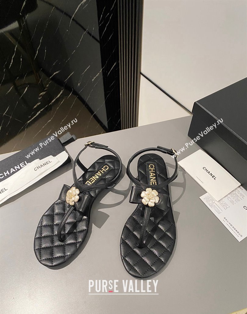 Chanel Lambskin Flat Thong Sandals with Bloom Bow Black 2023 CH121310 (MD-231213050)