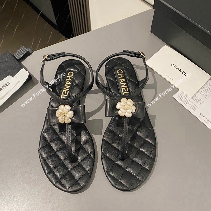 Chanel Lambskin Flat Thong Sandals with Bloom Bow Black 2023 CH121310 (MD-231213050)