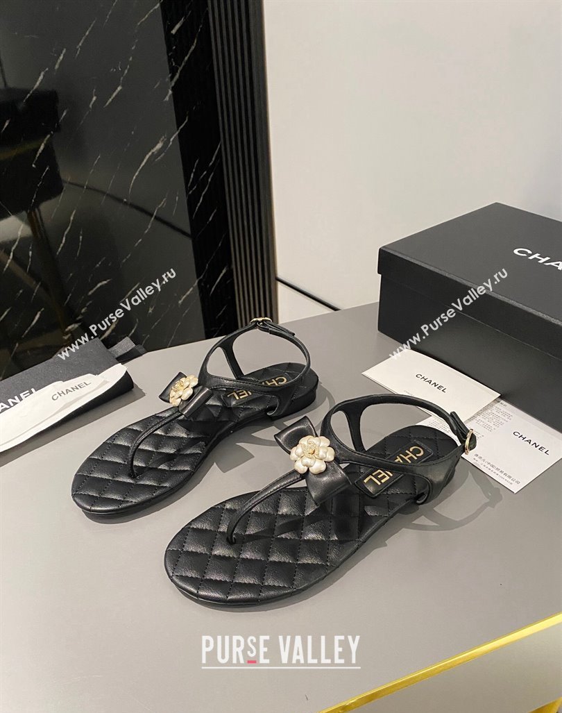 Chanel Lambskin Flat Thong Sandals with Bloom Bow Black 2023 CH121310 (MD-231213050)