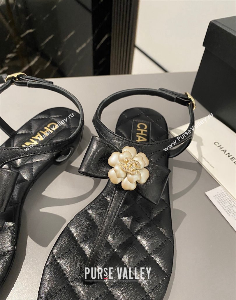 Chanel Lambskin Flat Thong Sandals with Bloom Bow Black 2023 CH121310 (MD-231213050)