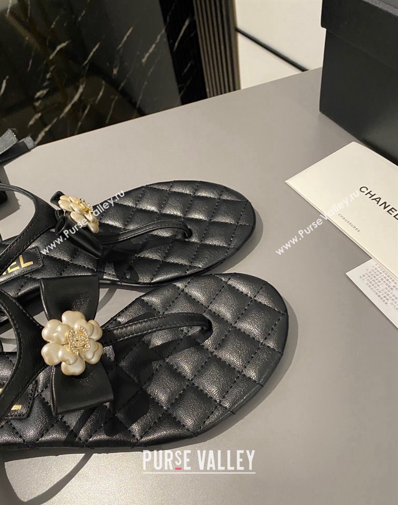 Chanel Lambskin Flat Thong Sandals with Bloom Bow Black 2023 CH121310 (MD-231213050)