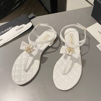 Chanel Lambskin Flat Thong Sandals with Bloom Bow White 2023 CH121310 (MD-231213051)