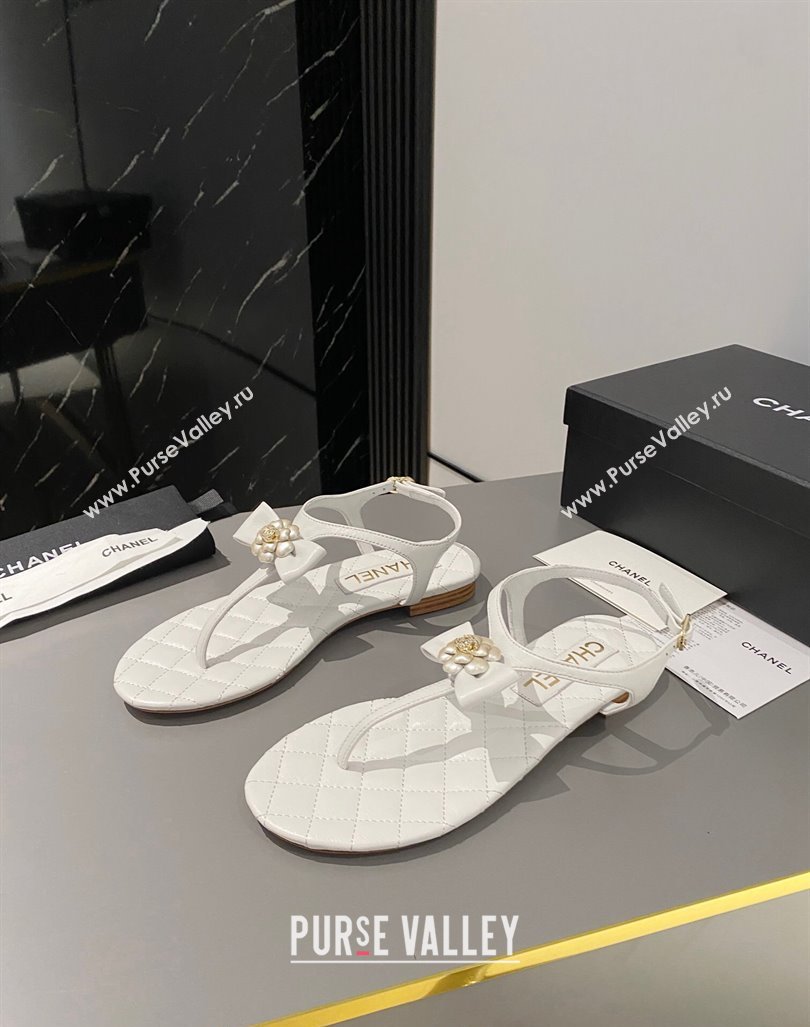 Chanel Lambskin Flat Thong Sandals with Bloom Bow White 2023 CH121310 (MD-231213051)