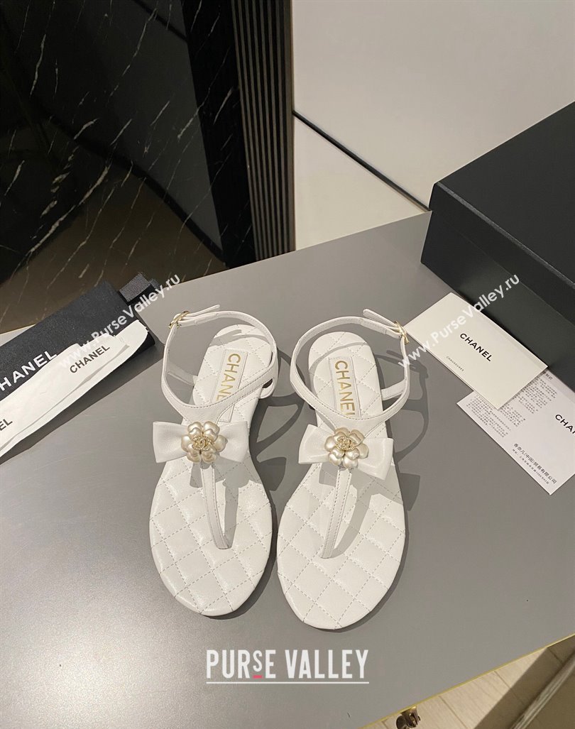 Chanel Lambskin Flat Thong Sandals with Bloom Bow White 2023 CH121310 (MD-231213051)