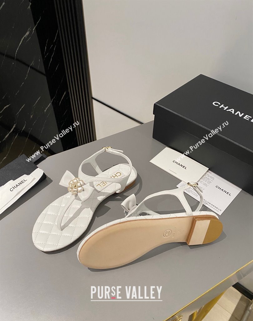 Chanel Lambskin Flat Thong Sandals with Bloom Bow White 2023 CH121310 (MD-231213051)