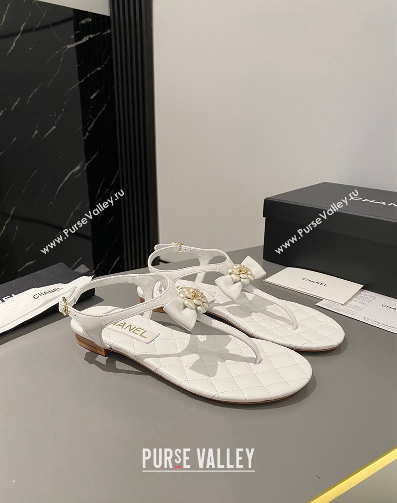 Chanel Lambskin Flat Thong Sandals with Bloom Bow White 2023 CH121310 (MD-231213051)