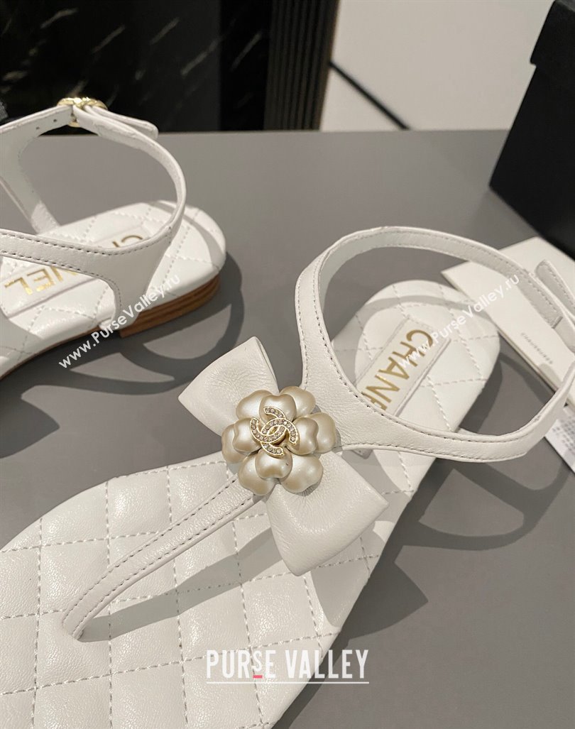 Chanel Lambskin Flat Thong Sandals with Bloom Bow White 2023 CH121310 (MD-231213051)