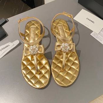 Chanel Lambskin Flat Thong Sandals with Bloom Bow Gold 2023 CH121310 (MD-231213052)