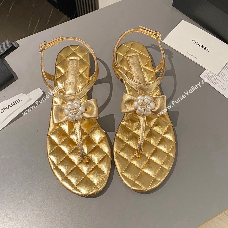 Chanel Lambskin Flat Thong Sandals with Bloom Bow Gold 2023 CH121310 (MD-231213052)