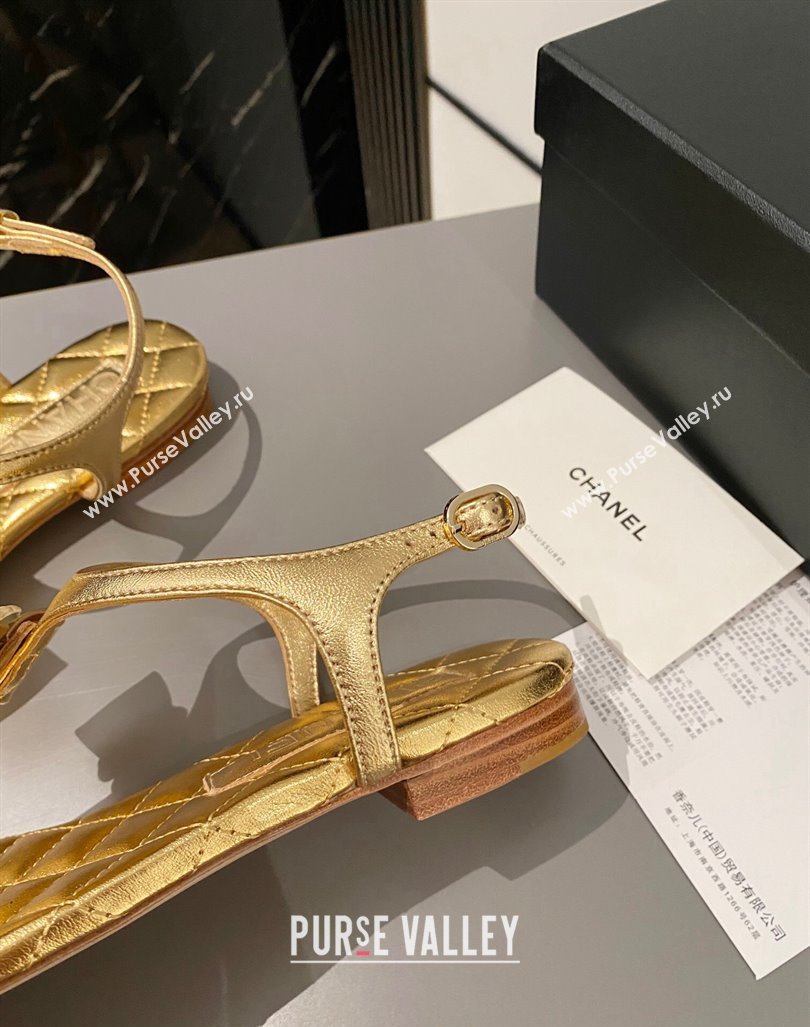 Chanel Lambskin Flat Thong Sandals with Bloom Bow Gold 2023 CH121310 (MD-231213052)