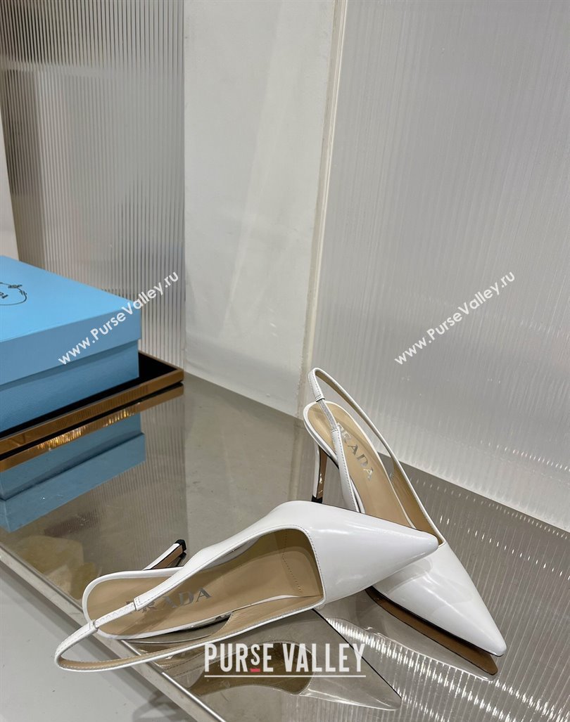 Prada Brushed Leather Slingback Pumps 8.5cm with Back Logo White 2023 PR121401 (MD-231214017)