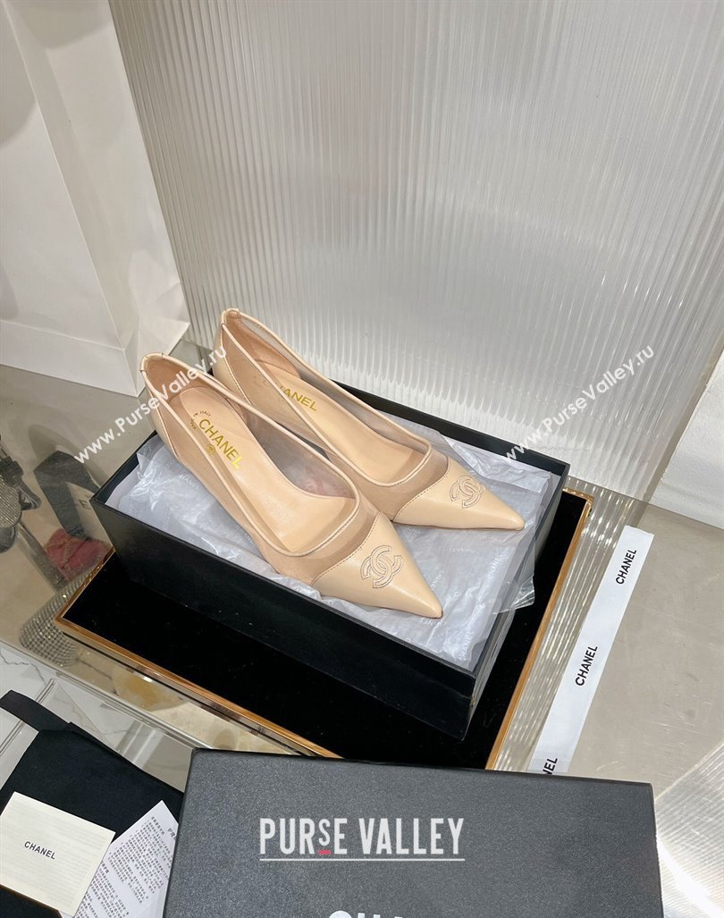 Chanel Medium Heel Pumps 6.5cm in Lambskin and Mesh Apricot 2023 CH121301 (ZN-231213004)