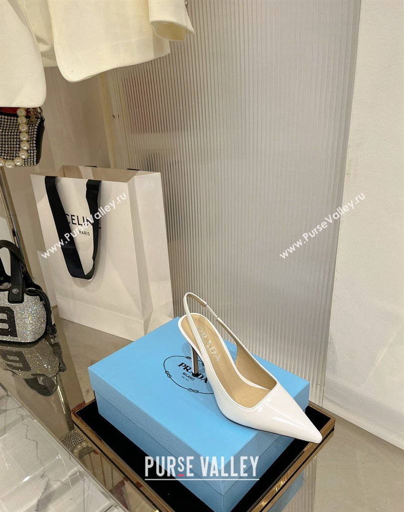 Prada Brushed Leather Slingback Pumps 8.5cm with Back Logo White 2023 PR121401 (MD-231214017)