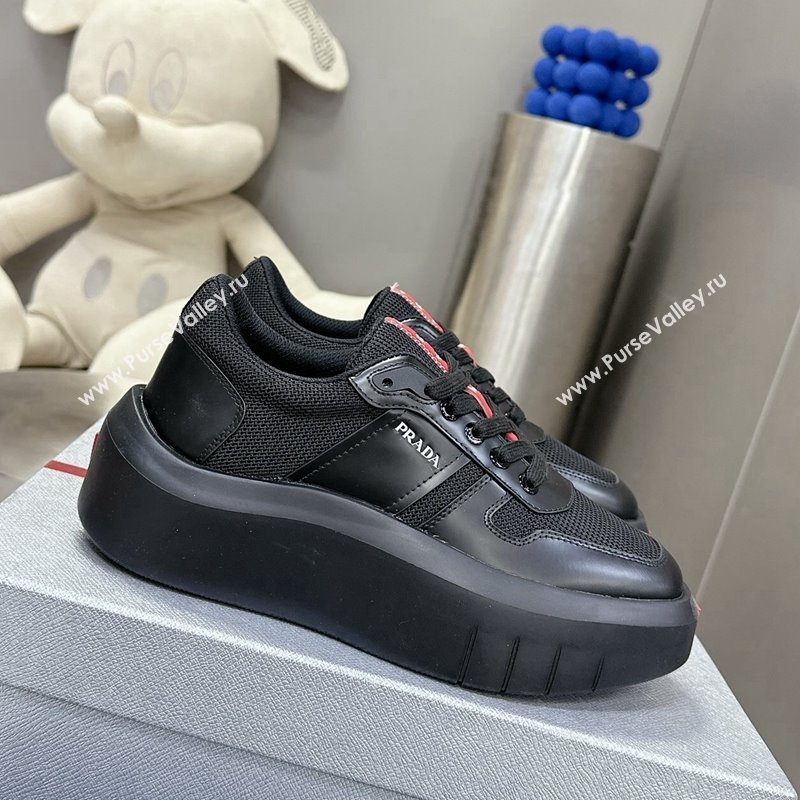 Prada Leather and Mesh Platform Sneakers Black 2023 PR121402 (MD-231214021)