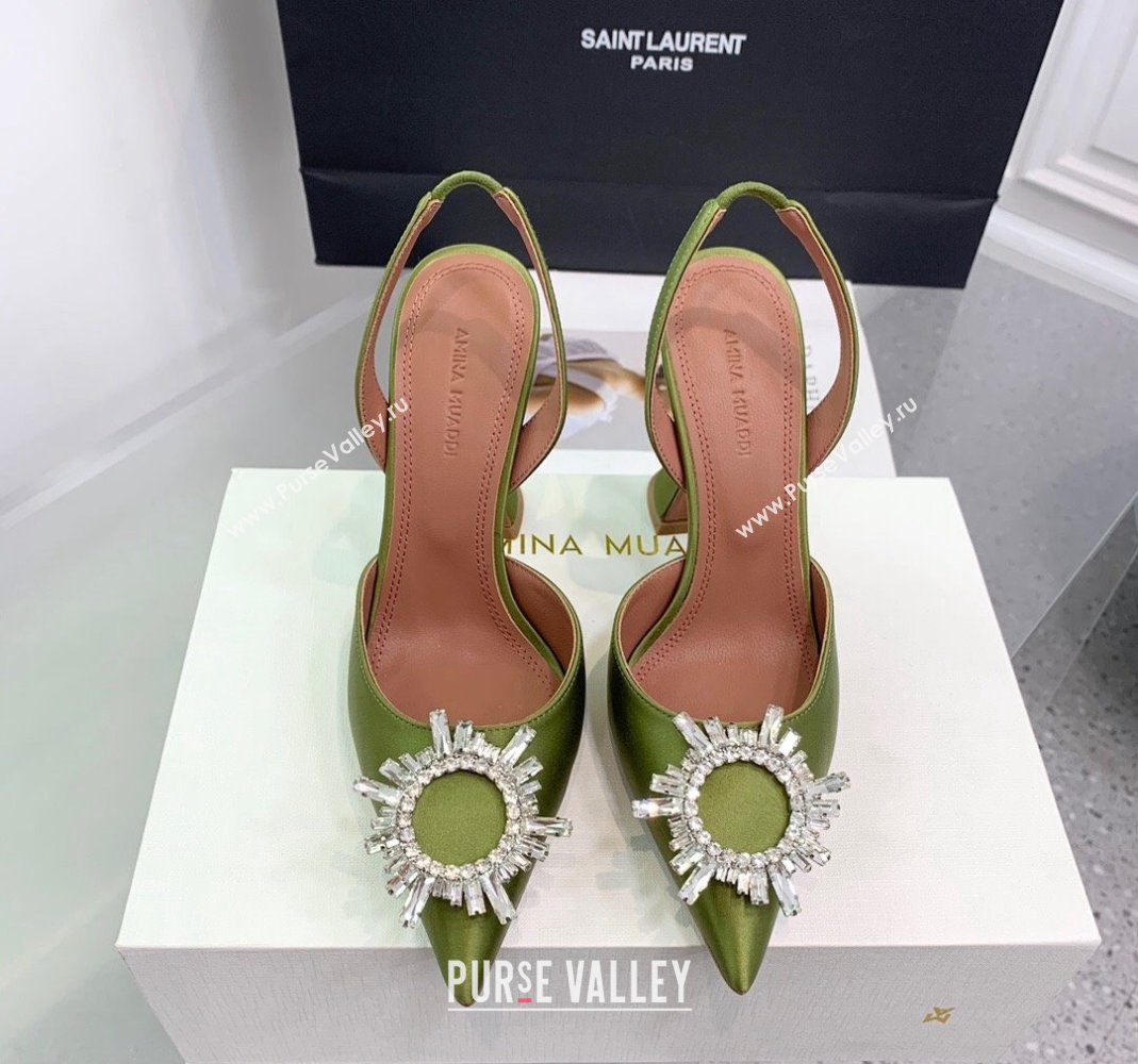 Amina Muaddi Begum Embellished Slingback Pumps 9.5 cm in Silk and Crystals Green 2023 1214 (KER-231214070)