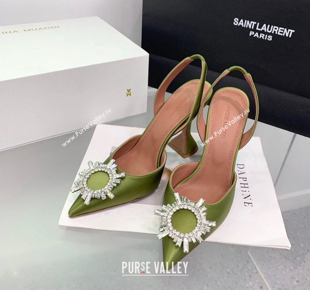 Amina Muaddi Begum Embellished Slingback Pumps 9.5 cm in Silk and Crystals Green 2023 1214 (KER-231214070)