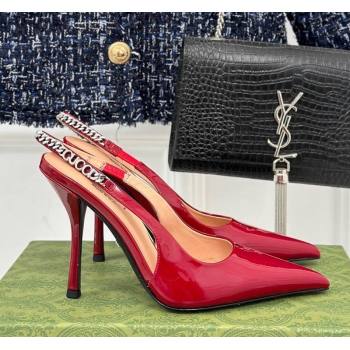 Gucci Signoria Slingback Pumps 10cm in Patent Leather Dark Red 2023 782832 (MD-231215144)