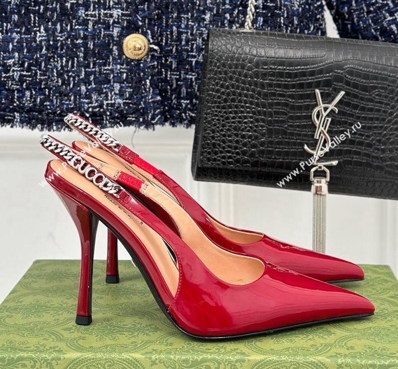 Gucci Signoria Slingback Pumps 10cm in Patent Leather Dark Red 2023 782832 (MD-231215144)
