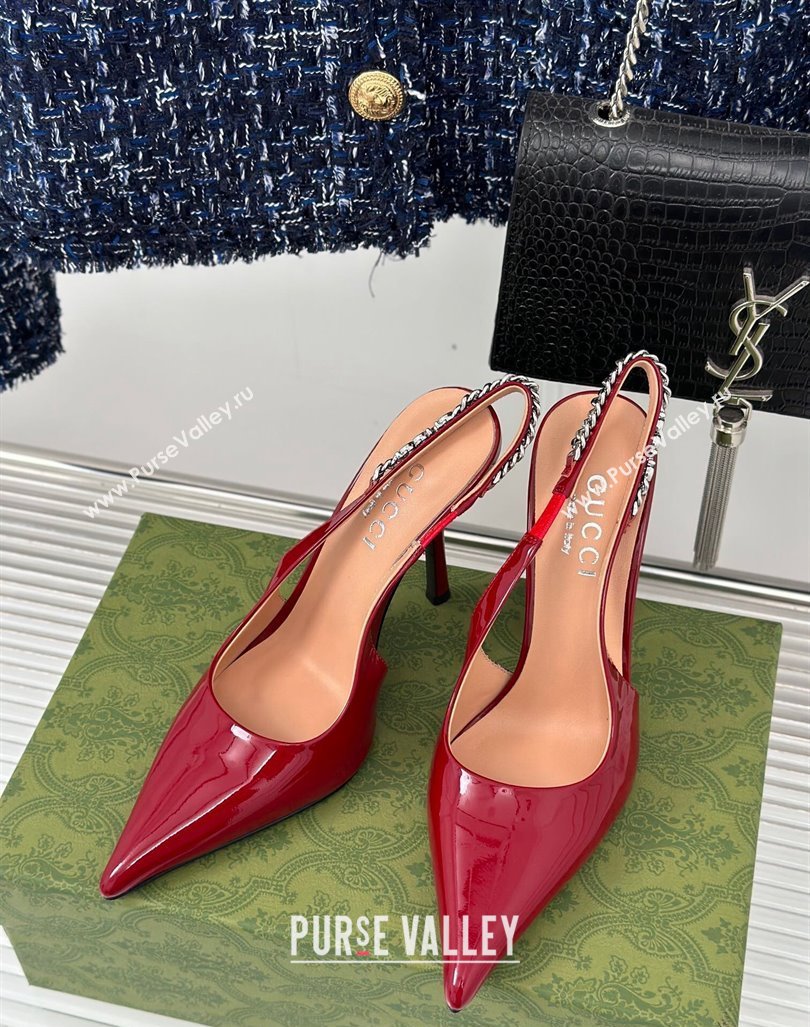 Gucci Signoria Slingback Pumps 10cm in Patent Leather Dark Red 2023 782832 (MD-231215144)