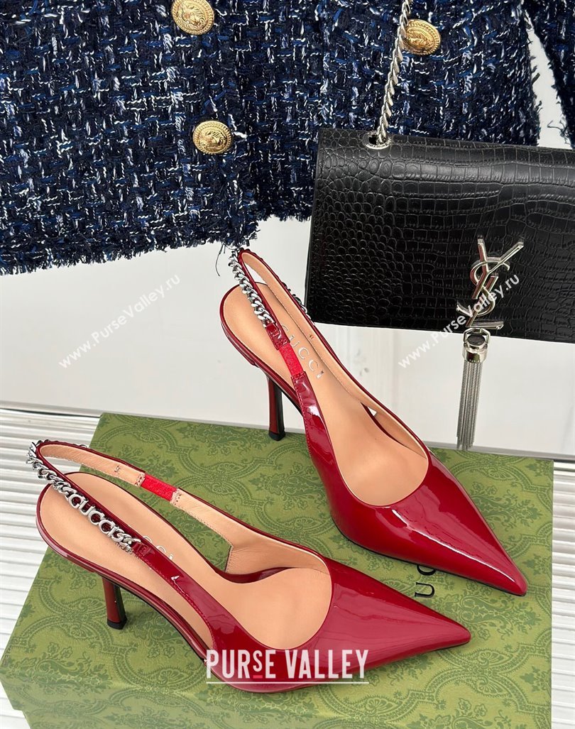 Gucci Signoria Slingback Pumps 10cm in Patent Leather Dark Red 2023 782832 (MD-231215144)