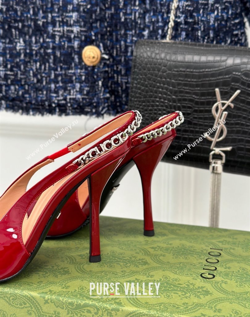 Gucci Signoria Slingback Pumps 10cm in Patent Leather Dark Red 2023 782832 (MD-231215144)