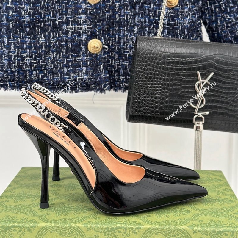 Gucci Signoria Slingback Pumps 10cm in Patent Leather Black 2023 782832 (MD-231215147)