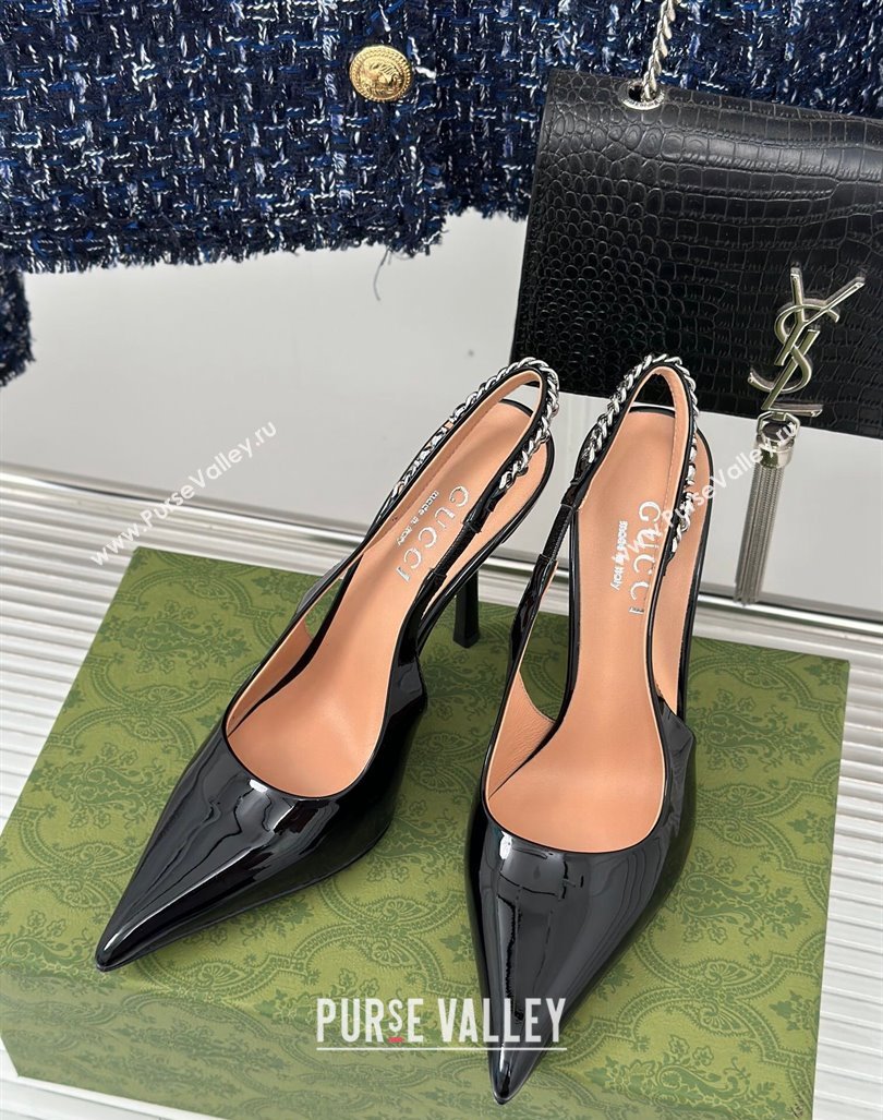 Gucci Signoria Slingback Pumps 10cm in Patent Leather Black 2023 782832 (MD-231215147)