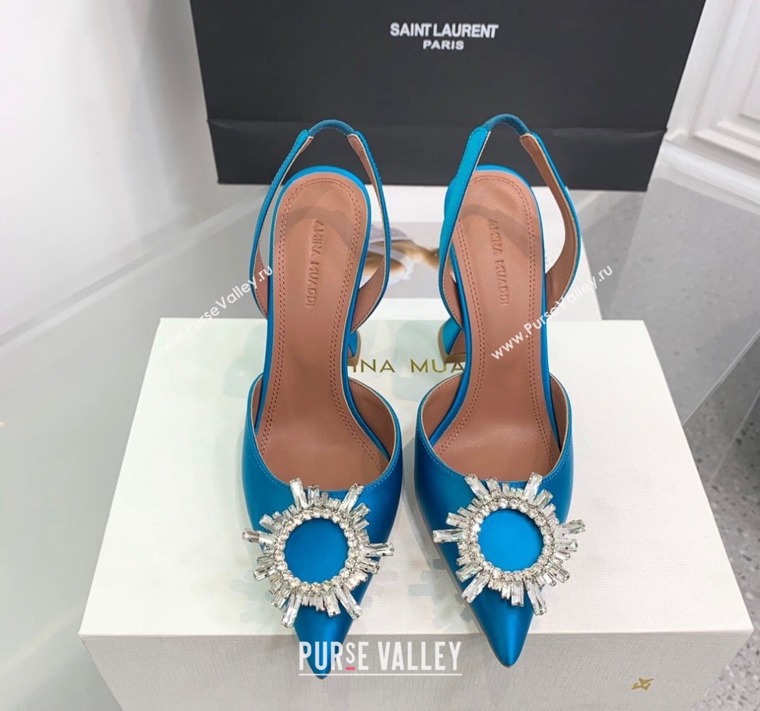 Amina Muaddi Begum Embellished Slingback Pumps 9.5 cm in Silk and Crystals Light Blue 2023 1214 (KER-231214071)