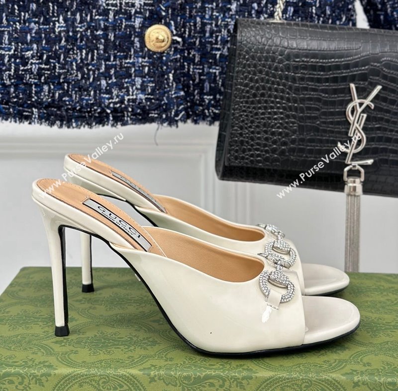 Gucci Horsebit 1955 High Heel Slide Sandals 9.5cm in Patent Leather White 2023 (MD-231218001)