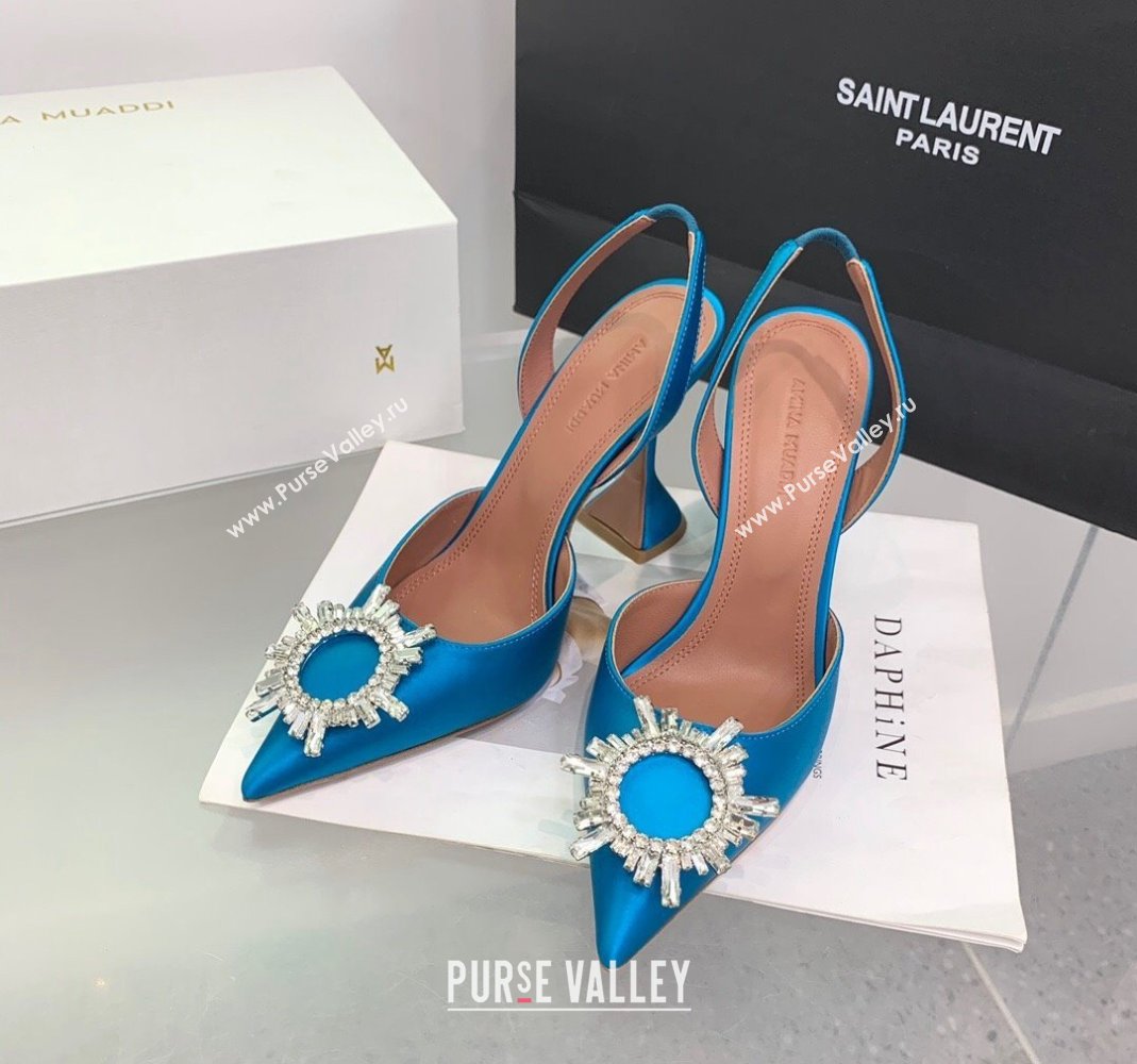 Amina Muaddi Begum Embellished Slingback Pumps 9.5 cm in Silk and Crystals Light Blue 2023 1214 (KER-231214071)