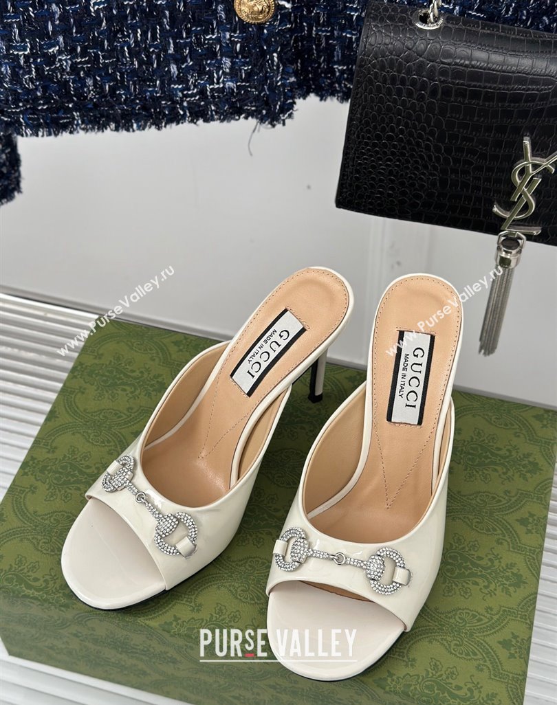 Gucci Horsebit 1955 High Heel Slide Sandals 9.5cm in Patent Leather White 2023 (MD-231218001)