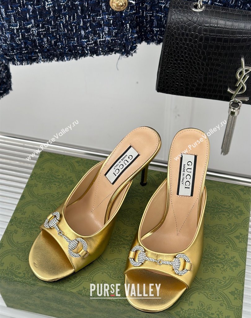 Gucci Horsebit 1955 High Heel Slide Sandals 9.5cm in Metallic Leather Gold 2023 (MD-231218002)